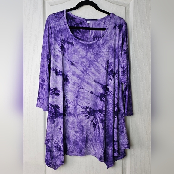 Women's 3/4 Sleeve Casual Flowy Loose Fit Swing Top Tunic, Purple Tie Dye - Picture 6 of 9